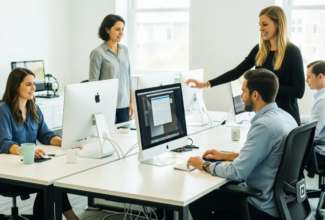 Un equipo diverso colaborando en un entorno de oficina moderno, con algunos miembros mirando pantallas de ordenador, representando un espacio de trabajo profesional y colaborativo.