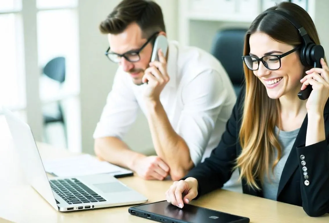 Dos profesionales con auriculares, trabajando en ordenadores portátiles en una oficina, sugiriendo soporte al cliente, colaboración en línea o trabajo concentrado.