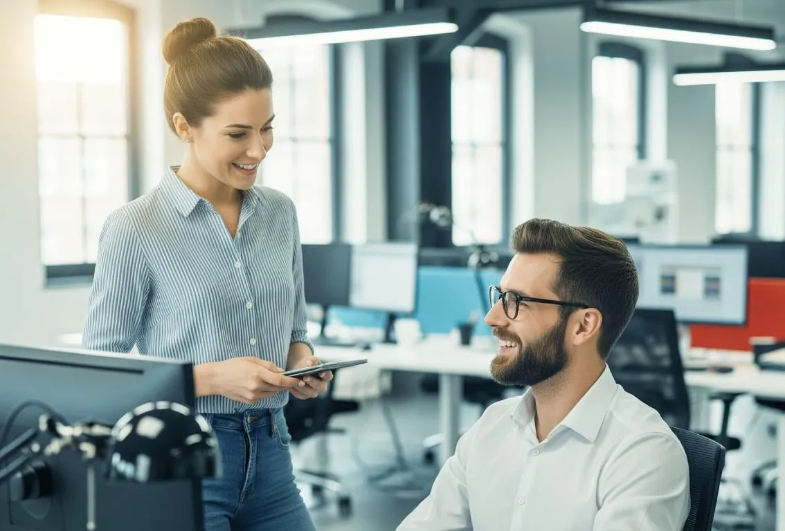 Una mujer y un hombre sonrientes en un entorno de oficina conversando o colaborando, simbolizando trabajo en equipo e interacción positiva.