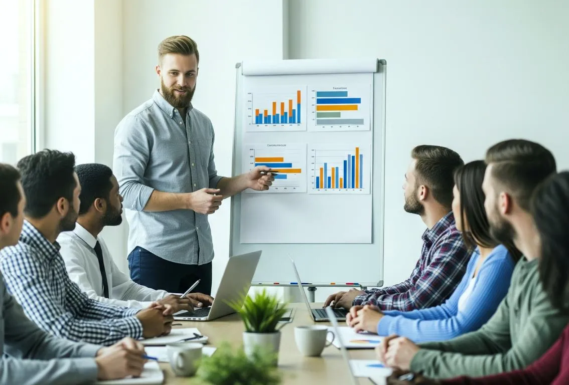 Un profesional de negocios presentando datos o una estrategia en una pizarra a un equipo diverso en una sala de reuniones, simbolizando colaboración y planificación estratégica.