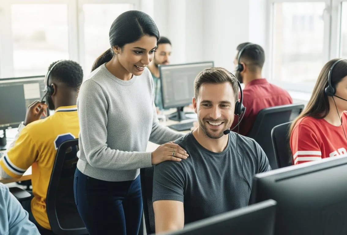 Un equipo de profesionales diversos en una oficina moderna, concentrados en sus ordenadores, con dos individuos en primer plano sonriendo mientras interactúan, sugiriendo soporte al cliente.