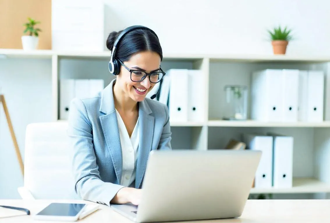 Una mujer sonriendo con auriculares trabajando en una ordenador portátil en un entorno de oficina luminoso, representando trabajo remoto, colaboración en línea o soporte al cliente.