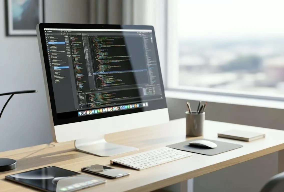 Un escritorio moderno y ordenado con un monitor de ordenador mostrando líneas de código, simbolizando desarrollo de software, programación o trabajo de TI.