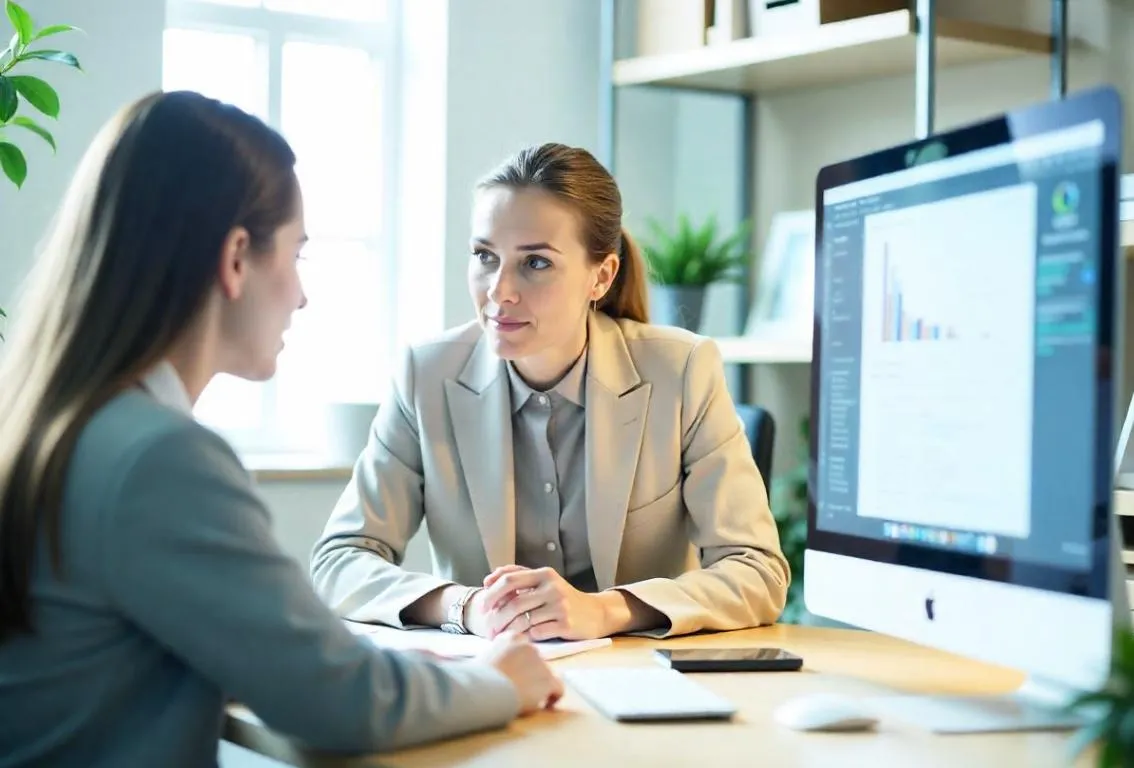 Dos mujeres profesionales en un entorno de oficina colaborando, con una mirando la pantalla de un ordenador, representando trabajo concentrado o consultoría.